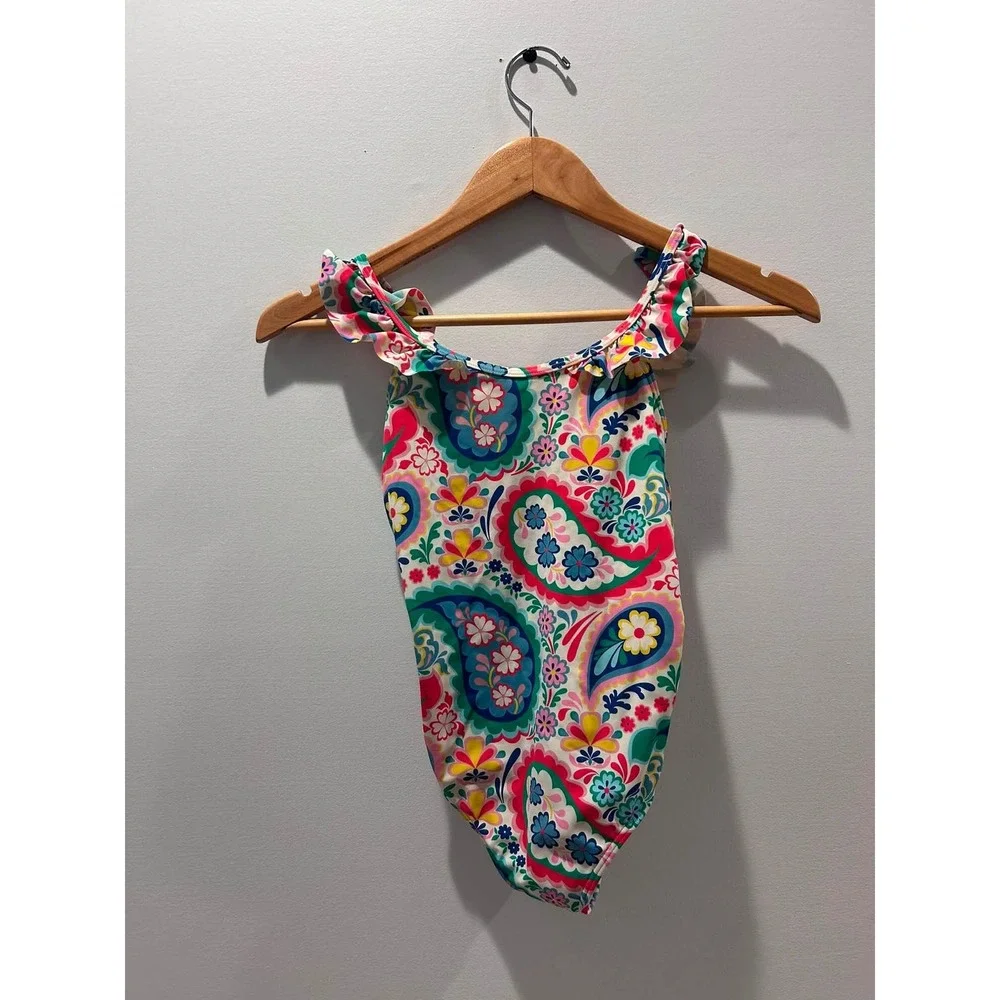 Mini Boden One Piece Swimsuit Kids 9-10Y Multicolor Paisley Ruffle Cross Back